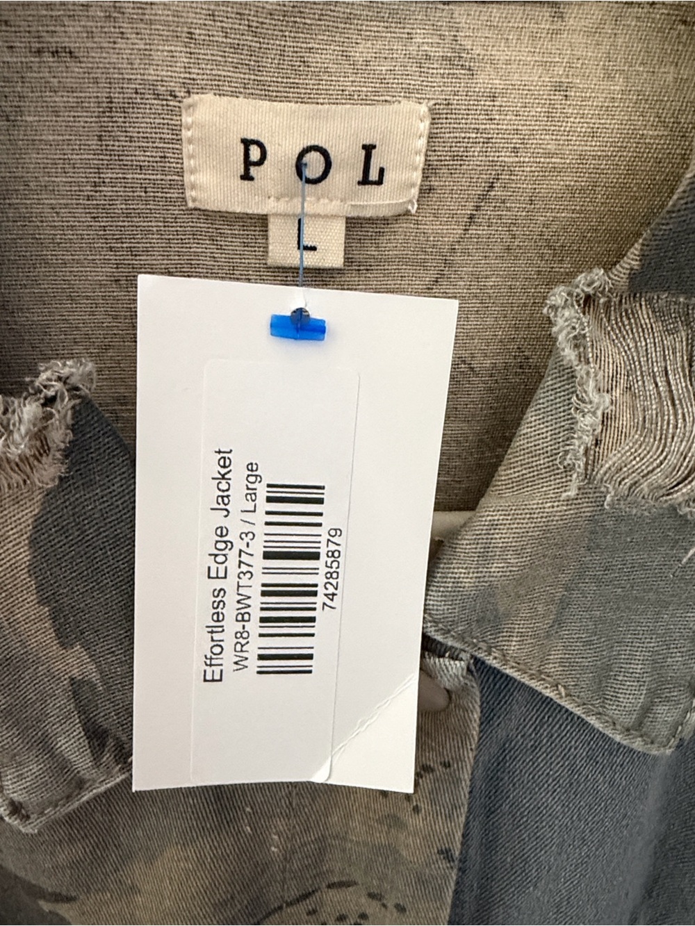 POL Distressed Denim & Camouflage Utility Jacket in Blue and Grey - Picture 3 of 3